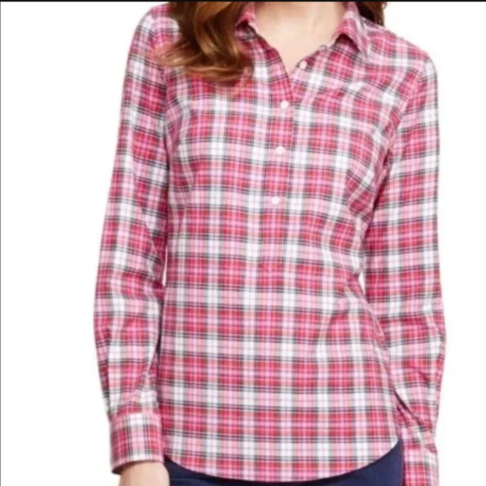 Vineyard Vines Women Size 14 Pink Plaid Half Button Cotton Cashmere Popover Top